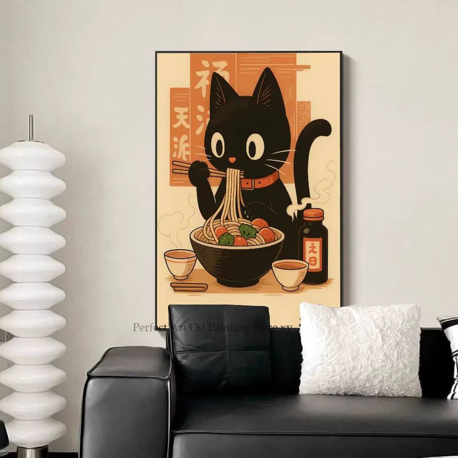 Retro Wandkunst Poster mit schwarzer Katze, Sushi und Espresso in Multicolor, rechteckig und ohne Rahmen - Bild 6