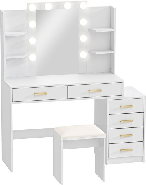 HOMCOM Schminktisch in Weiß mit LED-Beleuchtung, 6 Schubladen und 4 offenen Ablagen inklusive Hocker, moderner Kosmetiktisch für dein Schlafzimmer - Bild 1