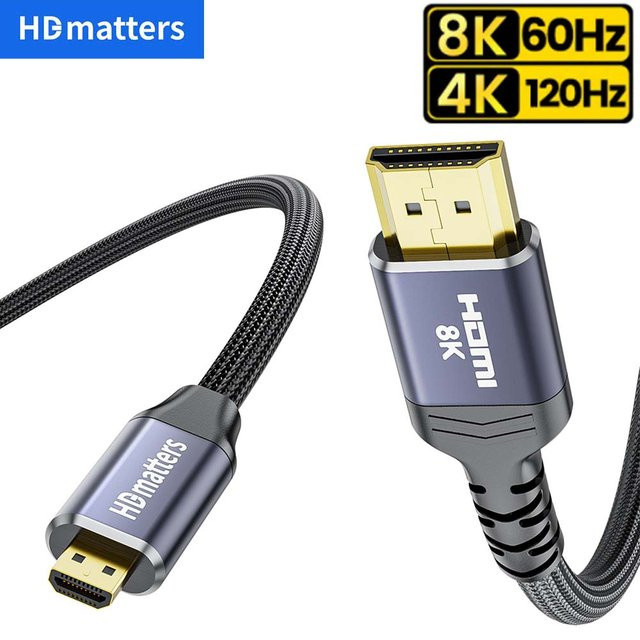 HDmatters Micro HDMI zu HDMI Kabel 8K HDMI 2.1 mit HDR und eARC, bidirektional, 4K 120Hz, Schwarz - Bild 1