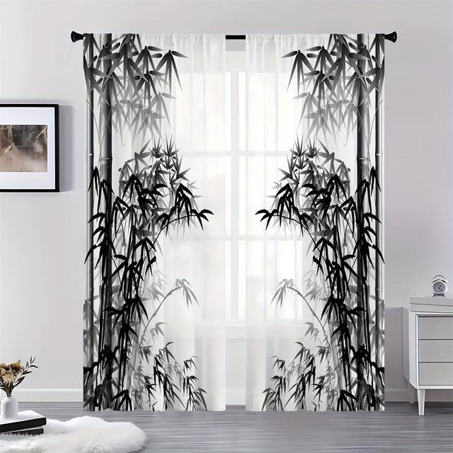Yiran Furniture Transparente Voile-Jalousien mit goldenen Federn und Blättern, 2er-Set Tüll-Fenstervorhänge mit Haken, B: 85 cm, H: 200 cm - Bild 1