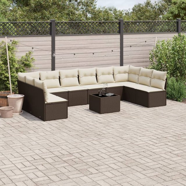 vidaXL 11-tlg. Garten-Sofagarnitur in U-Form aus Polyrattan mit Kissen, Braun - Bild 3