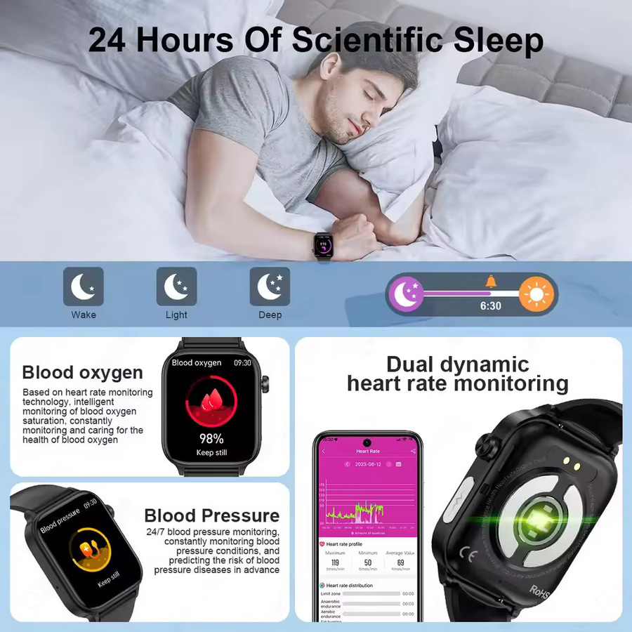 GUHUAVMI Smartwatch mit EKG, PPG und HRV zur Gesundheitsüberwachung, Bluetooth Anruf und Schlaf-Tracking, Schwarz, Unisex - Bild 4