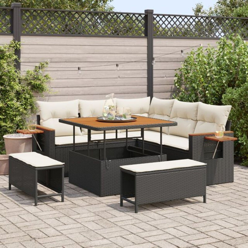 vidaxl Garten-Sofa-Set aus Poly-Rattan mit 8-teiligen Kissen und Hocker in Schwarz - Bild 1