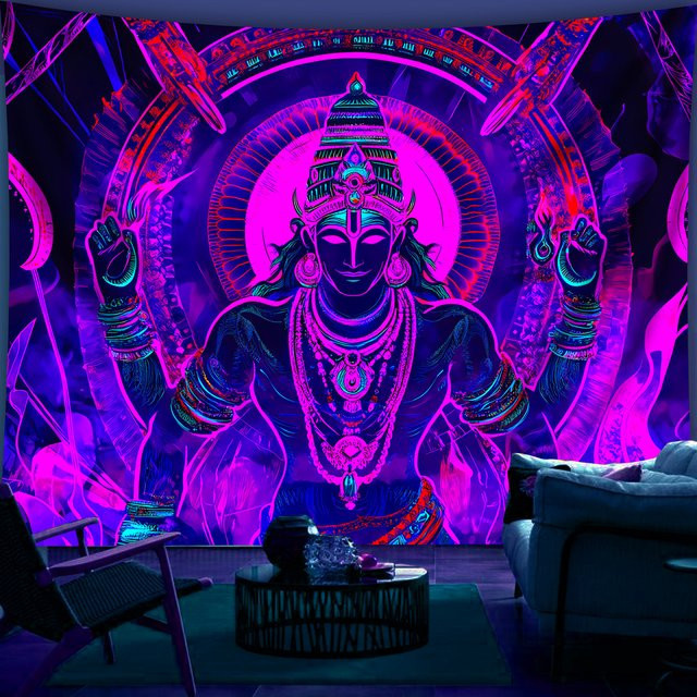 VIKAMA Shiva Meditation Wandteppich im Dunkeln leuchtend, Multicolour, B/H: 75 x 58 cm - Bild 1