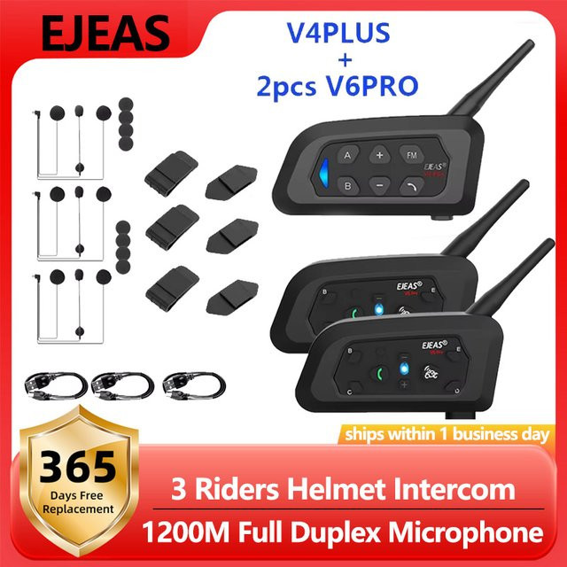 EJEAS V4 PLUS und 2 Stück V6 PRO Bluetooth Helm-Intercom-Set mit Voll-Duplex-Mikrofon, wasserdicht, Schwarz - Bild 1