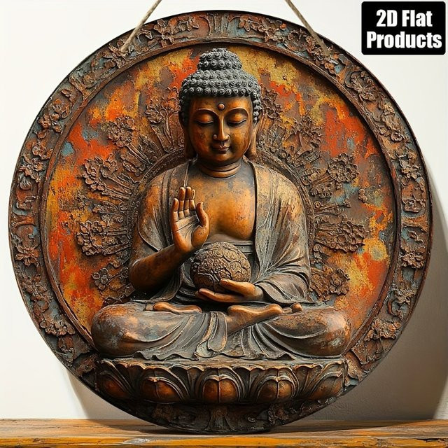 HELLOYOUNG Retro-Buddha Metallschild, runde Wandkunst in Multicolour, Durchmesser: 20,3 cm - Bild 1