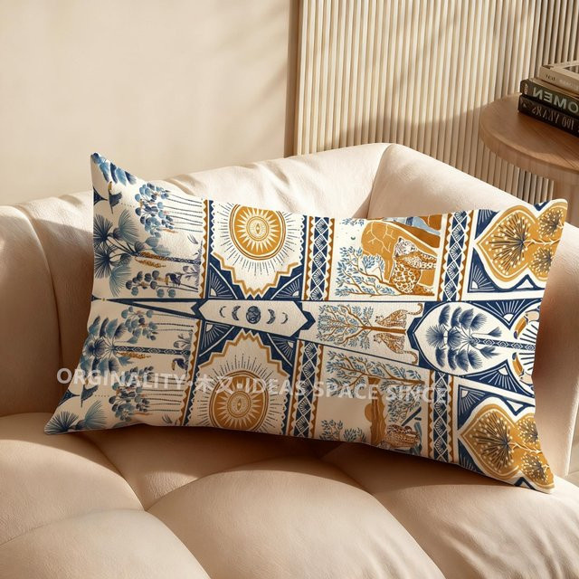 Rechteckiger Kissenbezug von JMG Clothing mit blauem Boho-Blumen- und Vogelmuster, B/H: 50 x 30 cm - Bild 1