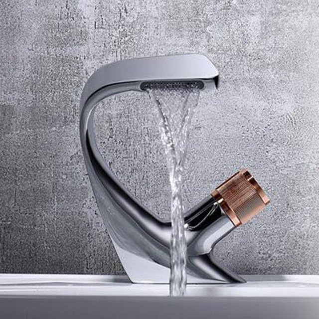 Weihexin Wasserfall-Waschbecken-Wasserhahn für das Badezimmer mit Einhebelmischer, Aufsatzarmatur aus Messing in Rose Gold oder Silber - Bild 1