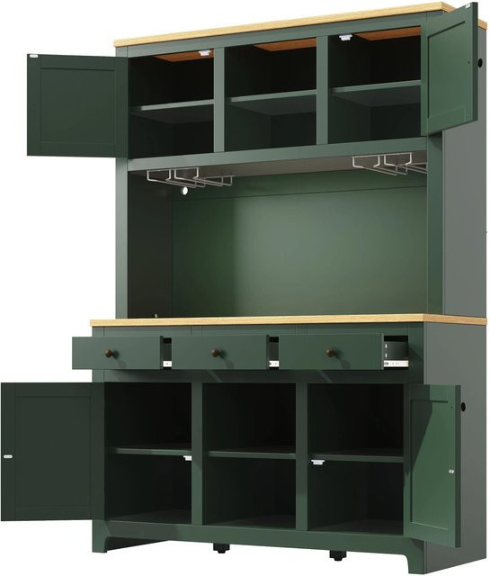 okwish Hochschrank mit LED-Lichtsystem und Rattan-Elementen in Grün, B/T/H: 120 x 40 x 180 cm - Bild 1