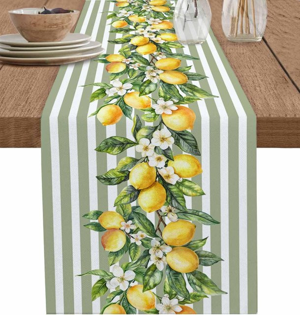 JINGYUE Pet Leinen Tischläufer mit Sommer Zitrone und Blumen Motiv, gestreift in Beige, Grün und Weiß, B/H: 150 x 33 cm - Bild 1
