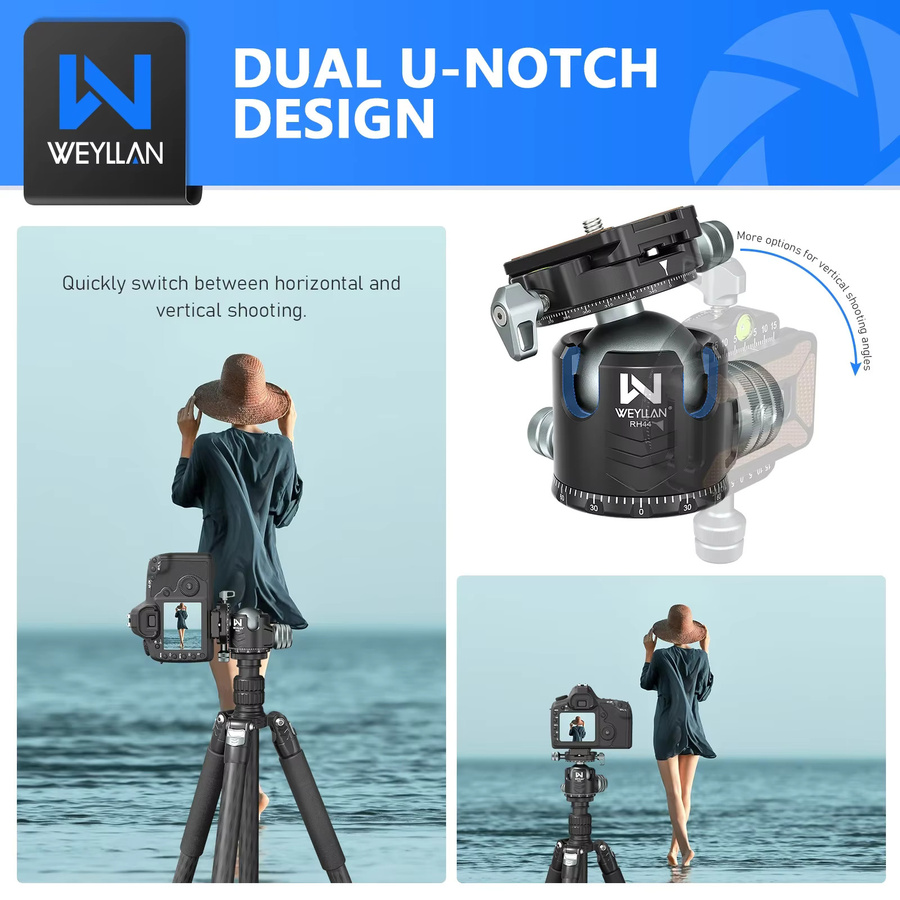 WEYLLAN RH44 Doppelter Panorama-Kugelkopf in Schwarz, CNC-gefertigt, 44 mm, für Stativ und Einbeinstativ mit einer maximalen Traglast von 25 kg - Bild 4