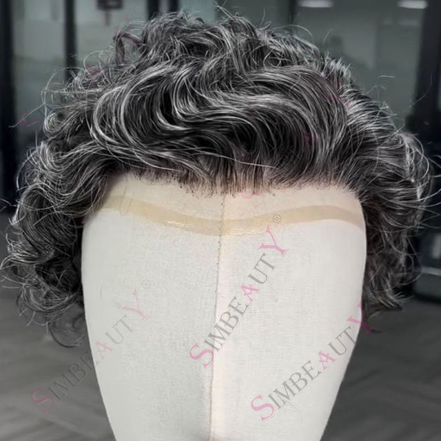 simbeauty Herren Toupet, Grau Schwarz, Echthaar, Frankreich Spitze & PU - Bild 1