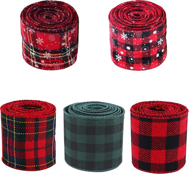 Cyuan Weihnachtsband in Jute-Optik mit Schneeflocken-Design, 5 Rollen à 600 cm, Sackleinen-Imitation für Weihnachtsbaum und Dekoration - Bild 1