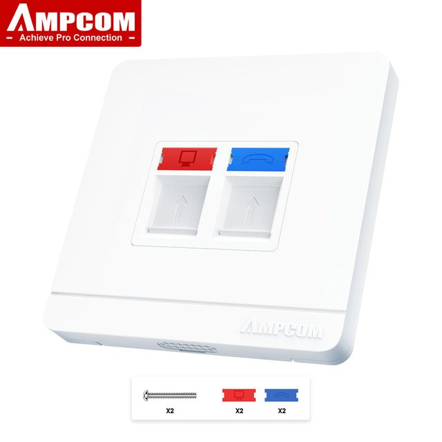 AMPCOM 86-Typ Frontplatte mit RJ11 und RJ45 Netzwerkmodul für Ethernet/LAN in Orange und Weiß - Bild 1
