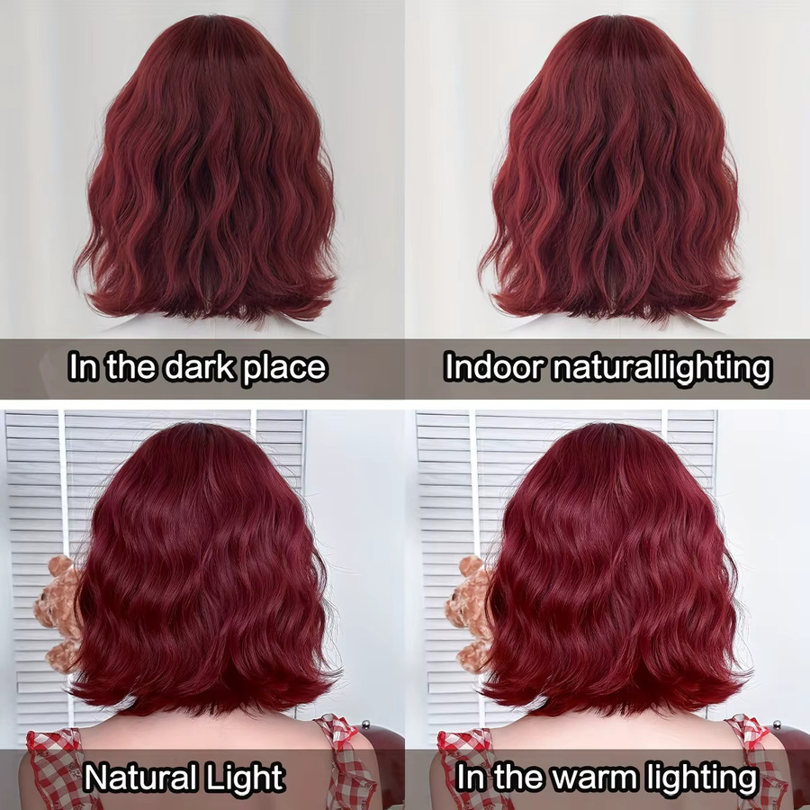 7JHH WIGS Bob-Perücke, weinrot, kurz, wasserwellig, mit Pony, Damen - Bild 3