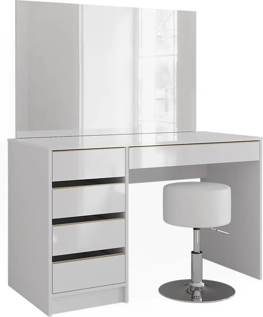 Vicco Schminktisch Sherry Set in Weiß Hochglanz und Gold mit Spiegel, Hocker und 5 Schubladen, B: 120 cm, T: 75 cm, H: 75 cm - Bild 2