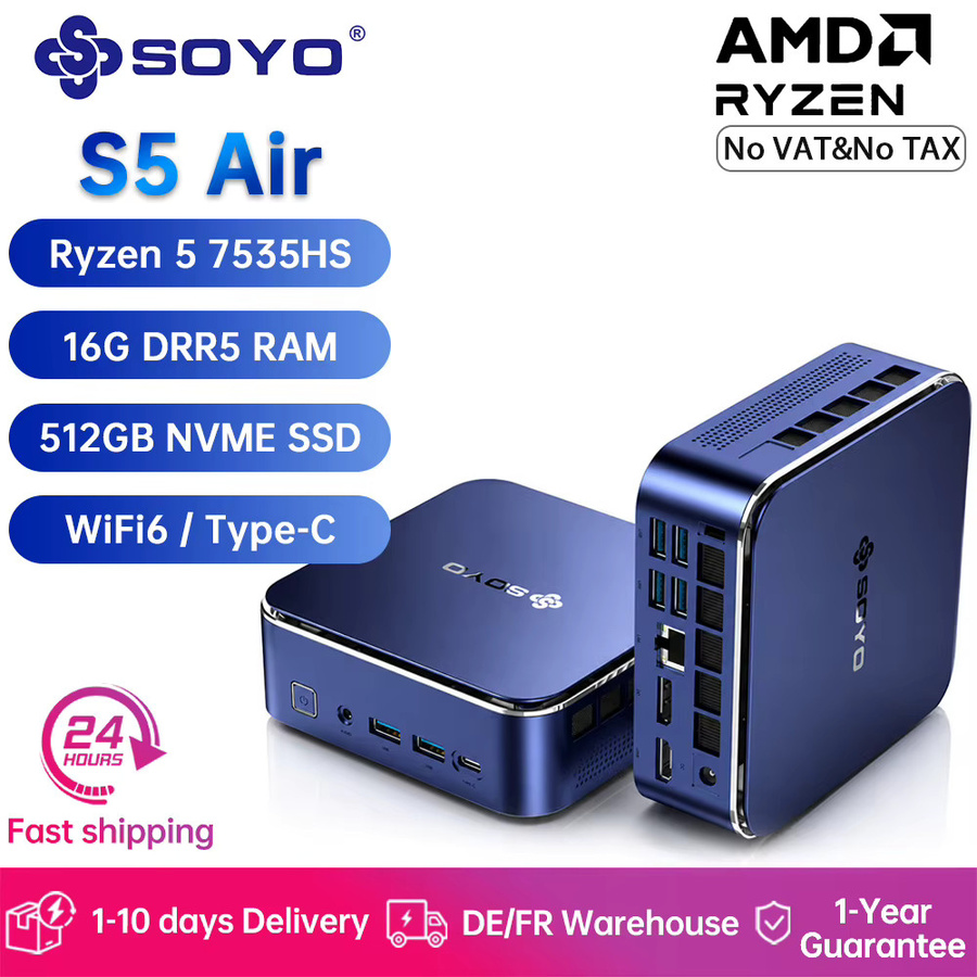 SOYO S5 Air Mini-PC Gaming-Computer mit AMD Ryzen 5 7535HS, 16GB DDR5 RAM, 512GB PCIe SSD, Windows 11 Pro, WiFi6 und Type-C in Blau - Bild 3