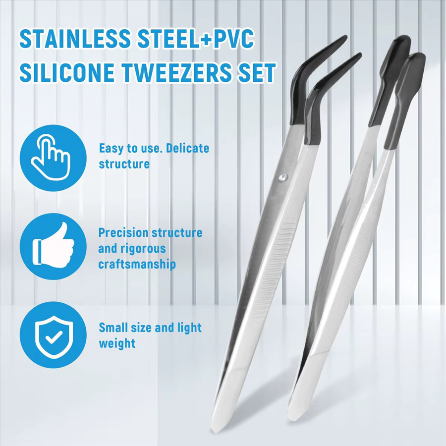 2-teiliges Präzisions-Pinzetten-Set mit Gummispitze in Silber inklusive Kunststoffgehäuse für Schmuckherstellung und Elektronikreparatur - Bild 2
