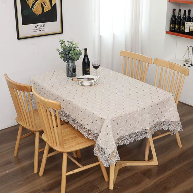 YOMDID Baumwolle Tischdecke mit Blumen-Stickerei und Spitze in Beige für Hochzeit und Weihnachtsdekoration - Bild 3