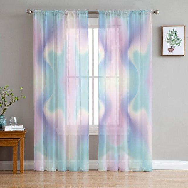 2er-Set Transparente Voile-Vorhänge mit Regenbogen-Streifen-Design, bedruckter Tüll für Wohnzimmer und Balkon, Mehrfarbig, Breite: 50 cm, Höhe: 130 cm - Bild 1