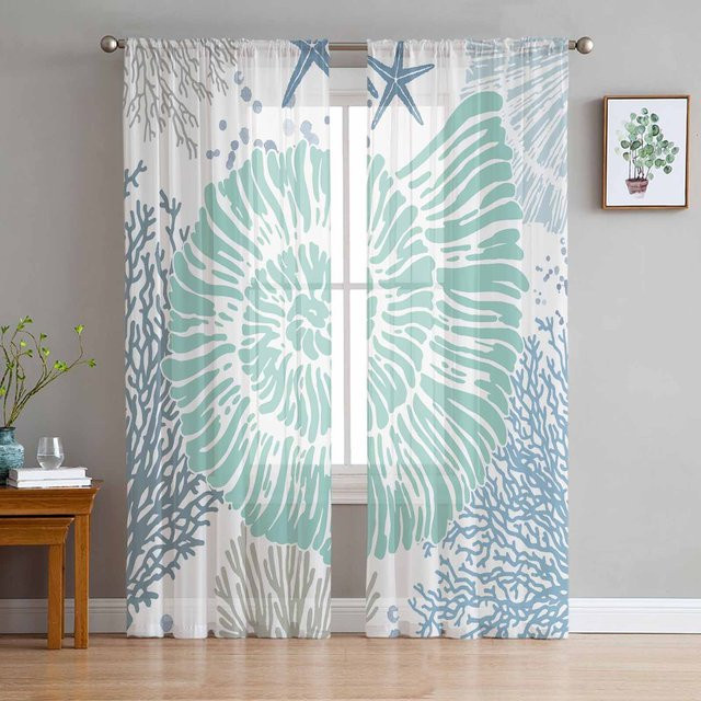 Transparente Tüll-Vorhänge mit Ozean-Motiv aus Organza und Voile, Breite: 135 cm, Höhe: 115 cm - Bild 1