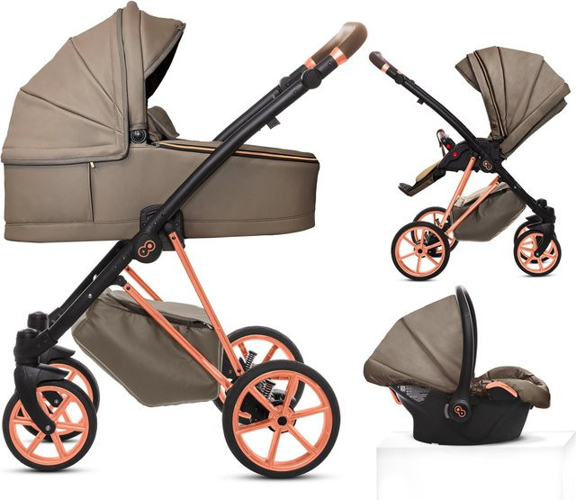 TPFLiving 3in1 Kinderwagen Royal aus Kunstleder in Gray Pearl mit Gestell in Roségold - Bild 1