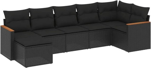 vidaXL 7-tlg Garten-Sofagarnitur in L-Form aus schwarzem Poly-Rattan mit Kissen und pulverbeschichtetem Stahlgestell - Bild 1