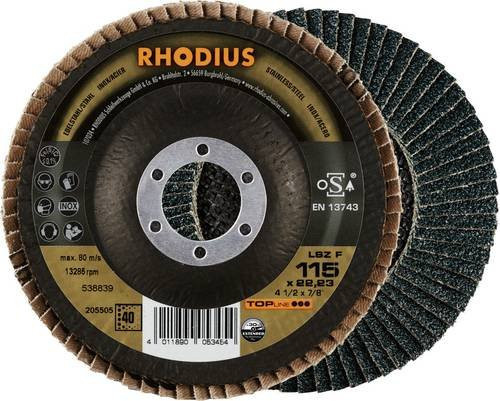 Rhodius TOPline LSZ F EXTENDED Fächerschleifscheibe für Edelstahl und Stahl, Durchmesser: 115 mm, Bohrung: 22,23 mm, Körnung: K40, 10 Stück - Bild 1