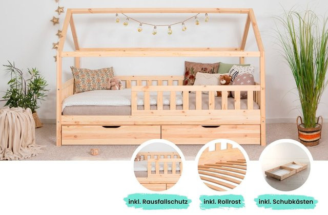 TiCAA Kinderbett Hausbett Kay aus Kiefer Massivholz mit Schubkästen, Farbe: Natur/Braun, B/T/H: 100 x 200 x 210 cm - Bild 1
