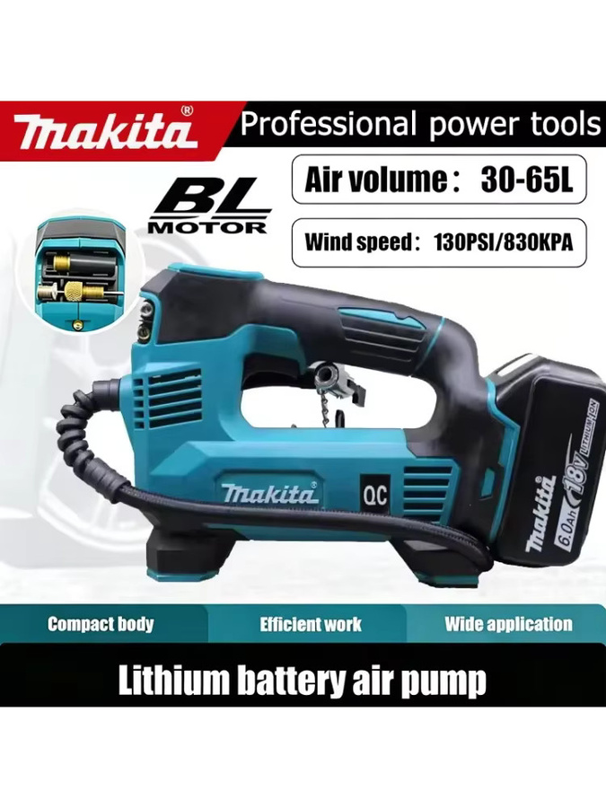Makita 18V Mini-Luftkompressor mit LED-Licht und Automatikfunktion in Blau, 130PSI 830KPA Auto-Elektropumpe und Reifenfüller - Bild 3