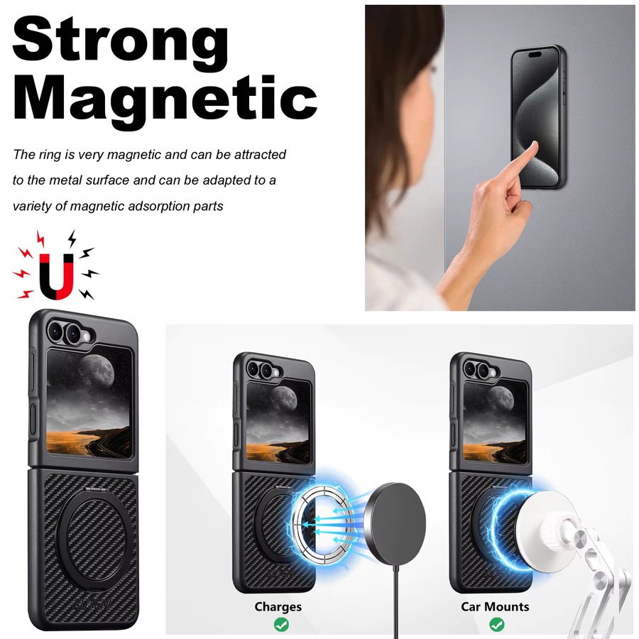 SUTENI Handyhülle aus Kunstleder mit Magnet, kabellosem Laden und 360 Grad drehbarem Ständer sowie Ringschnalle für Samsung Galaxy Z Flip 7, Z Flip 6 und Z Flip 5 in Schwarz - Bild 4