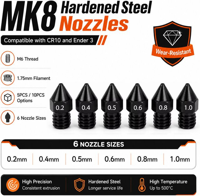 MK8 gehärtete Stahldüsen mit M6-Gewinde für 1,75 mm Filament, kompatibel mit CR10 und Ender3 3D-Druckern, Farbe: Schwarz - Bild 1