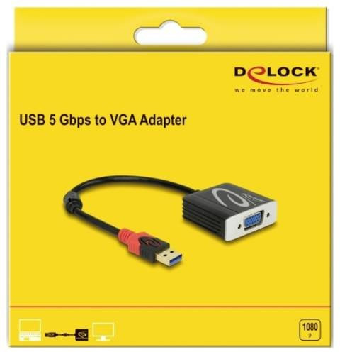 Delock 62738 USB-A auf VGA Adapterkabel in Schwarz mit vergoldeten Steckkontakten und Ferritkern, Länge: 20 cm - Bild 1