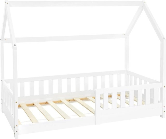 ML-Design Kinderbett Hausbett aus Kiefernholz mit Dach und Rausfallschutz, Weiß, B: 160 cm, H: 132 cm, T: 80 cm - Bild 2