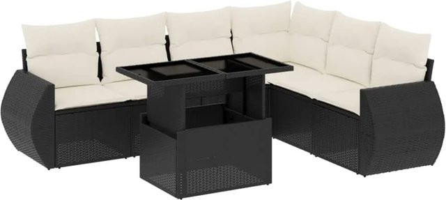 vidaXL 7-teilige Garten-Sofagarnitur in L-Form aus Poly-Rattan in Schwarz mit Kissen und Armlehnen - Bild 1