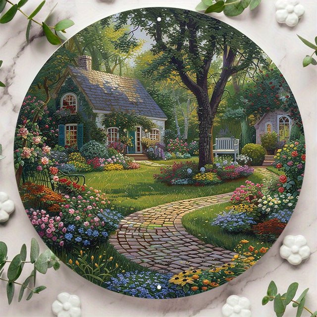 Aluminium-Metallschild Potdemiel Hüttengarten mit blühenden Blumen, Wanddekoration Mehrfarbig, B/H: 20 x 20 cm - Bild 1