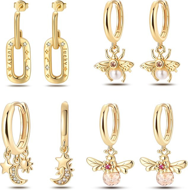 Pandach Ohrringe, 925 Silber, Gold, Perle, Biene, Stern, Mond, Damen - Bild 1