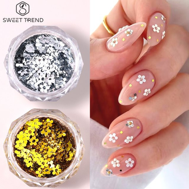 SWEET TREND Nagelglitzer Pailletten, Gold Silber Blumen, 2 Boxen - Bild 1