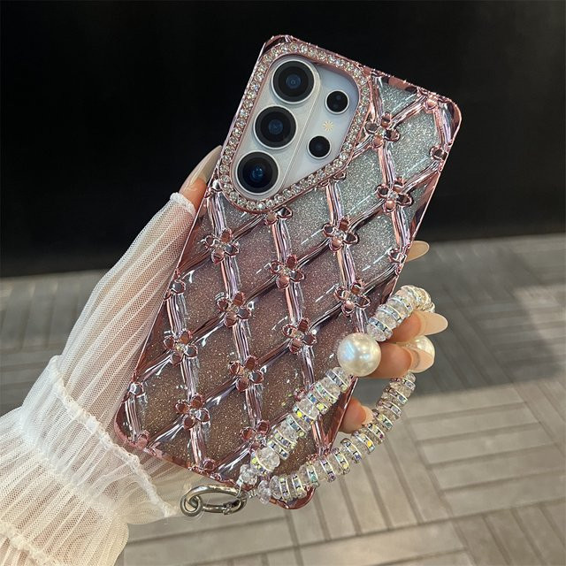 Luxuriöse Samsung Handyhülle mit Blumen-Glitzer-Strass-Armband in Transparent, Silver und Pink für S23 Plus, S24 Plus, S25 Ultra und S26 Ultra mit stoßfester Rückseite - Bild 1