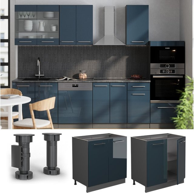 Vicco Spülenunterschrank Fame-Line in Dunkelblau Hochglanz mit Arbeitsplatte in Weiß-Marmor, Breite: 80 cm - Bild 3