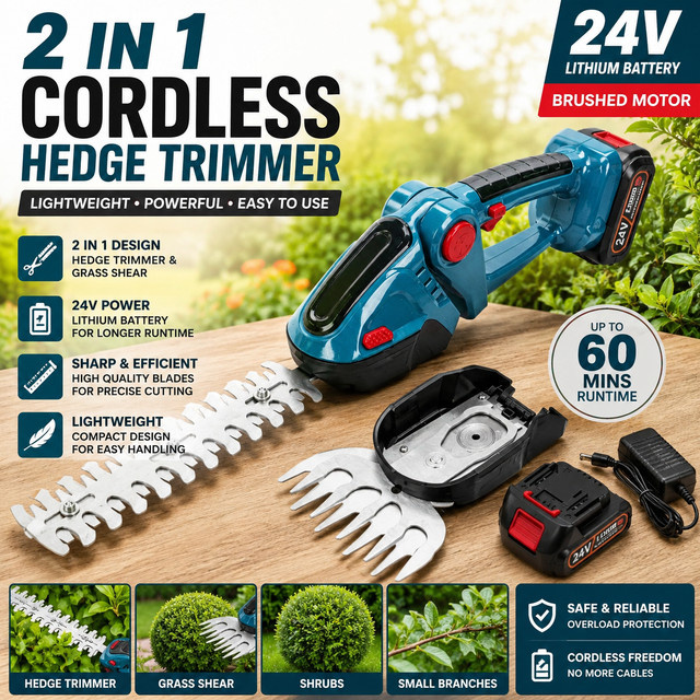 24V Kabelloser 2-in-1 Elektrischer Heckenschneider in Blau mit Akku für Garten, Busch und Äste - Bild 1