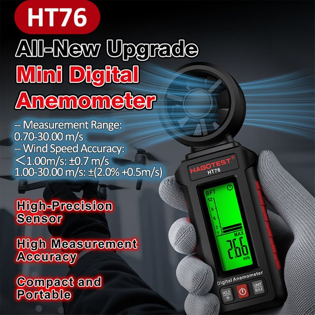 HABOTEST Mini-Digital-Anemometer Windgeschwindigkeitsmesser in Schwarz mit Messbereich von 0,7–30 m/s und 6 Einheiten - Bild 1