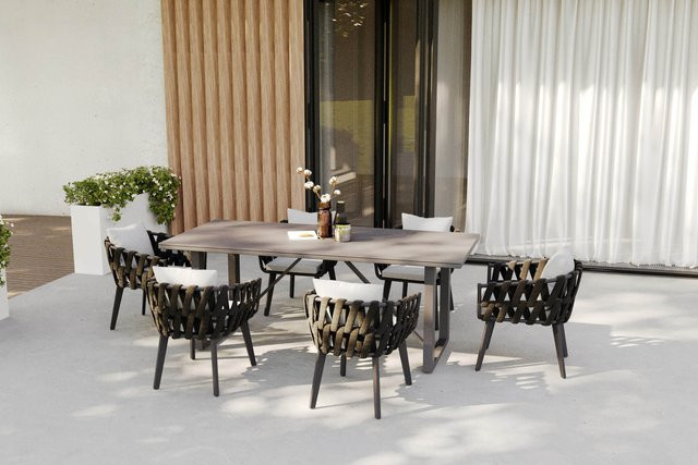 OUTFLEXX Garten-Essgruppe aus Aluminium und Glaskeramik in Anthrazit mit Tisch und 6 Sesseln - Bild 1