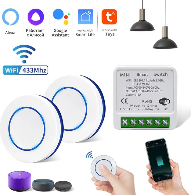 Tuya WiFi Smart Switch 16A mit Alexa und Google Assistant Sprachsteuerung, weißer intelligenter Schalterempfänger mit RF433Mhz und drahtloser Push Button Fernbedienung - Bild 1