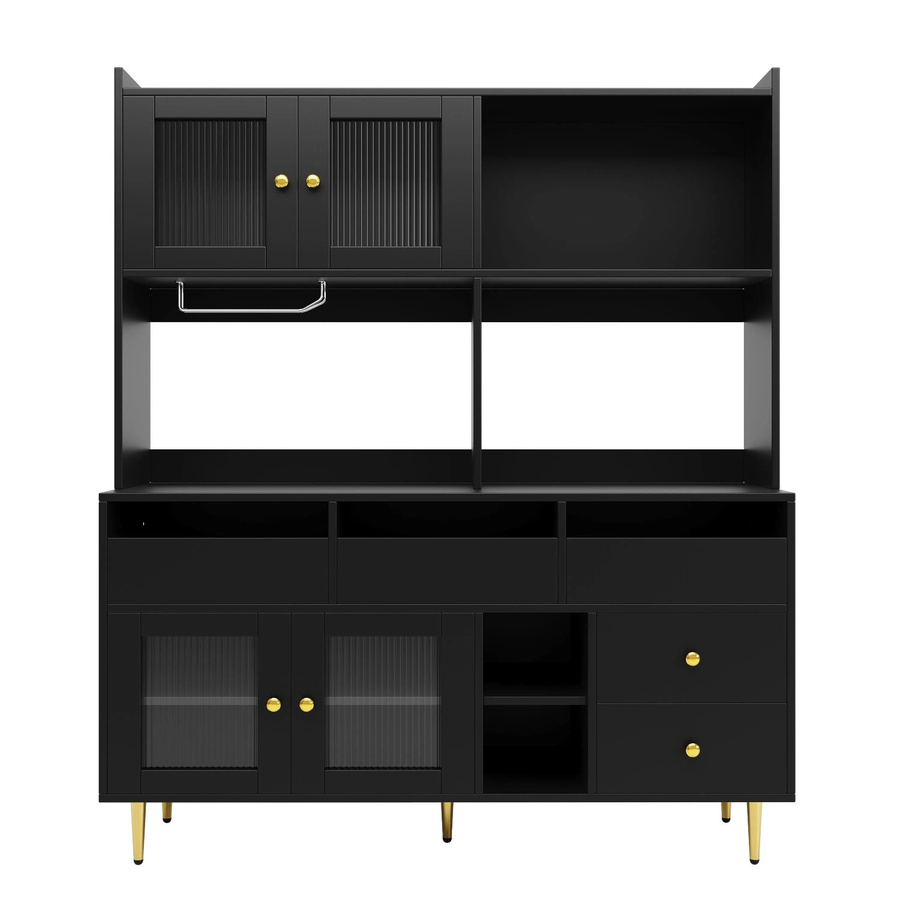 okwish Hochschrank mit Glastür und Weinglasregal in Schwarz, B/T/H: 145 x 39 x 171 cm - Bild 2