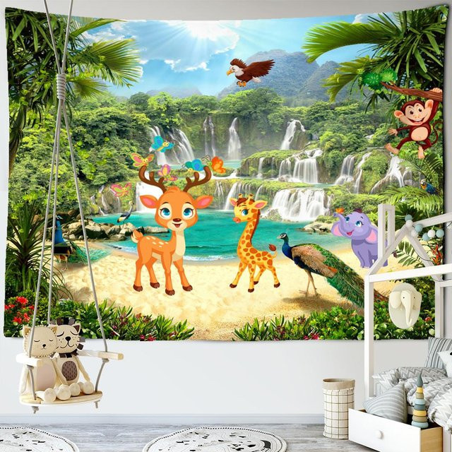 Super Six Wandteppich Cartoon Psychedelic Wald Boho Kunst Wanddeko Grau B: 95 cm, H: 70 cm - Bild 1