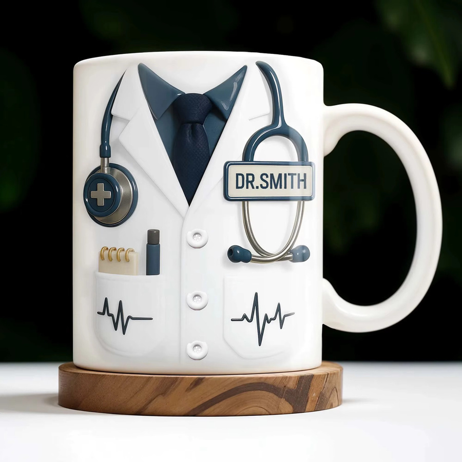 Personalisierte Kaffeetasse mit 3D-Stethoskop und Herzschlagmuster von Light Magic in Weiß aus Keramik - Bild 2