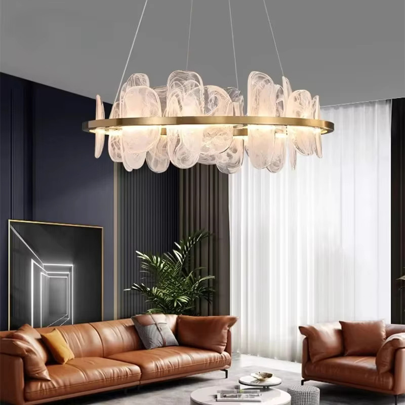 ZIMULONG Runde LED-Pendelleuchte im Art-Deco-Stil mit Wolkenglas und goldenem Ring, dimmbar, Gold/Messing und Weiß - Bild 2