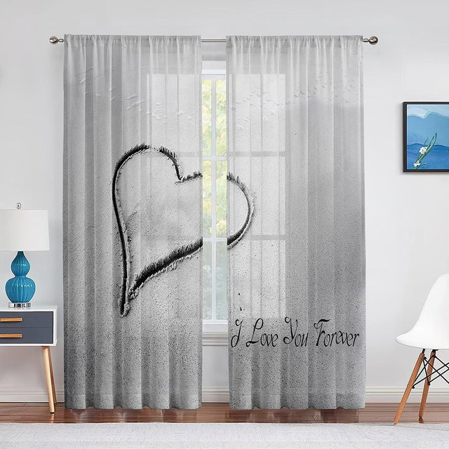 Transparentes Tüll-Fenstervorhang Super Six mit romantischen Paar-Silhouetten und Herzen in Lila, Breite: 100 cm, Höhe: 250 cm - Bild 1