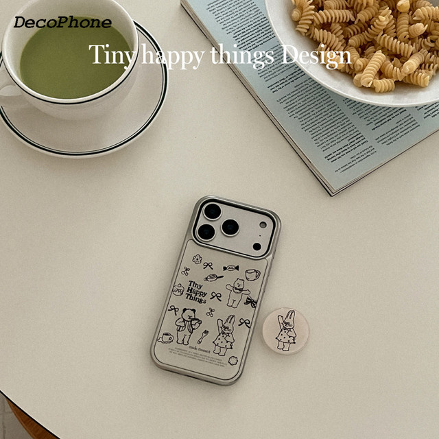 DecoPhone Ins-Style Handyhülle mit Bär und Hase in Silber und Schwarz, sturzsichere TPU-Hülle für iPhone XR/11/12/13/14/15/16/17 Pro Max - Bild 1